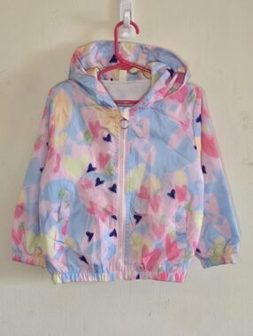 Pastel Heart Print Hooded Windbreaker Jacket Girls Size 110 4T 5T